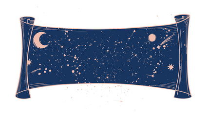Mystical paper scroll with stars, galaxy map with copy space. Flat vector illustration of astrology, tarot, mystical papyrus isolated on white background. Heavenly design. © Salomi art