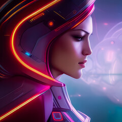 Generative AI -  Journey to the Stars: A Futuristic Synthwave Illustration of a Female Space Traveller