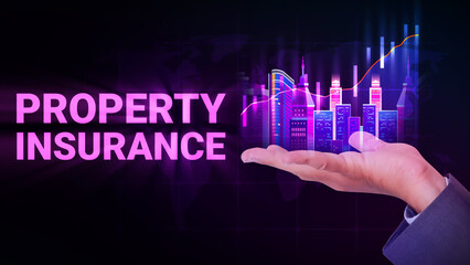Property Insurance background with glowing buildings on hand. Insurance of property concept backdrop