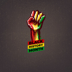 Vintage Black history month square banner with protest raised fist colored in African flag isolated on brown background. Vector Black history month label, icon and sticker with mans fist