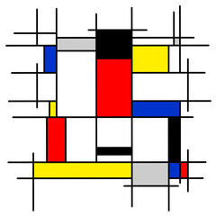 Abstract painting, geometric, squares, black, blue, yellow, red