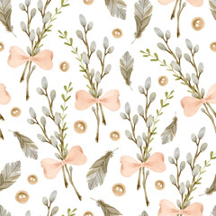 Watercolor branches with buds bouquet with pink ribbon bow seamless pattern