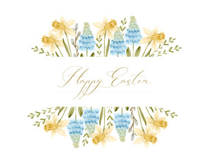 Spring flowers watercolor frame with hyacinths, daffodils and branches invitation template