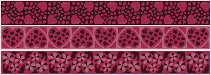 A set of edging, ribbons, borders of hearts, flowers. Seamless pattern, ornament, decoration on the theme of love romance. Vector illustration.