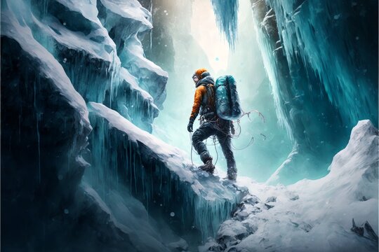 Ice climber ascend next to frozen waterfall with ice axes and other special climbing equipment extreme sport illustration