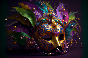 Festive Grouping of mardi gras, venetian or carnivale mask illsutration on a purple background. Generating Ai.