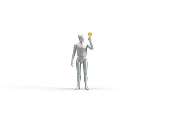 A modern human robot holds an electric light bulb in his hand. 3d render on the topic of technology, Internet, electricity, electronic devices. Modern minimal style, transparent background.