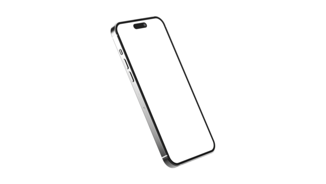 iPhone 14 pro Max on isolated white background. White mockup screen. Silver color.