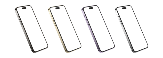 iPhone 14 pro Max on isolated white background. White mockup screen. All color.