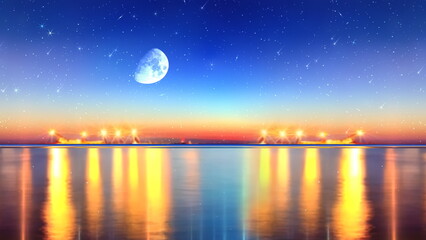  sea at night ,starry sky and big moon  , blue cloudy sky and city light  reflection on water wave seascape 