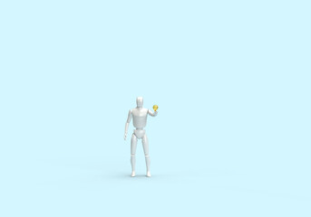 A modern human robot holds an electric light bulb in his hand. 3d render on the topic of technology, Internet, electricity, electronic devices. Modern minimal style, blue background.