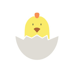 Chick in eggshell color icon. Yellow bird sitting, hatched chick. Farming and agriculture, rural countryside and village, new life concept. Creativity and art. Cartoon flat vector illustration