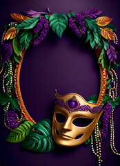 Frame Template with Golden Carnival Masks on Purple Background. Glittering Celebration Festive Border. Generative Ai.