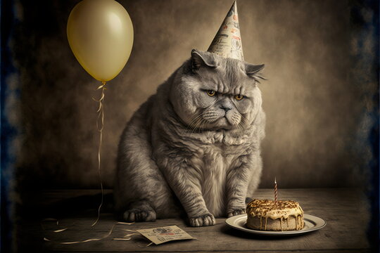 annoyed fat gray cat at birthday party with cake, candle, balloon, gifts, hat, generative ai