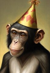painted portrait of a monkey or chimp on its birthday wearing a party hat, generative ai

