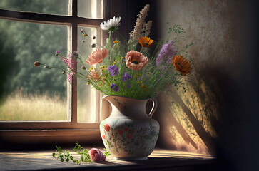 Bouquet of wildflowers in a vase by the window. Generative AI - 567045712