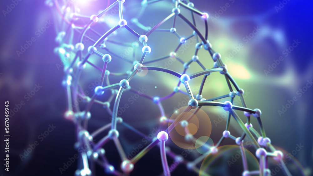 Poster Nano particles of crystalline structure. Genetics evolution of artificial intelligence 3D illustration. Innovations, fantasy, multicolored cyberspace