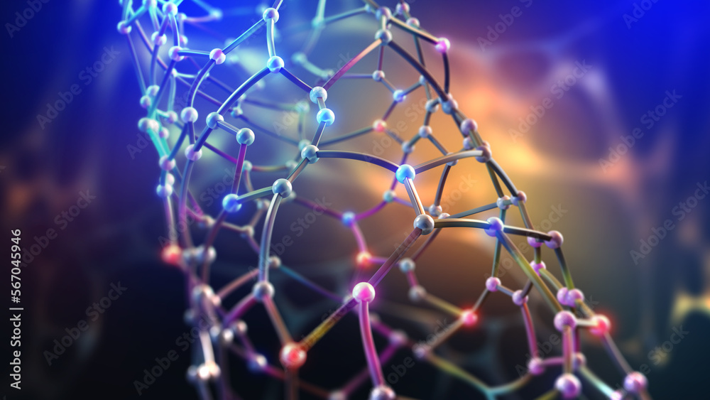 Poster Abstraction of crystal structures. Neural connections of synthetic modifications. 3D illustration of a combination of artificial genes