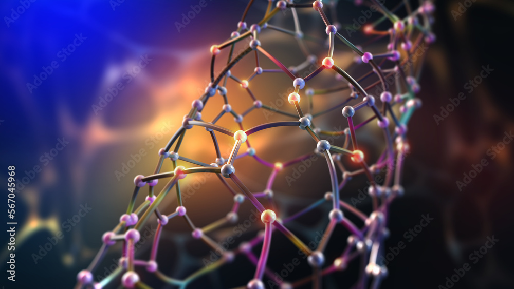 Poster Nano particles of crystalline structure. Genetics evolution of artificial intelligence 3D illustration. Innovations, fantasy, multicolored cyberspace