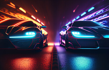 Obraz premium Two supercars racing in neon light tunnel. Generative AI.