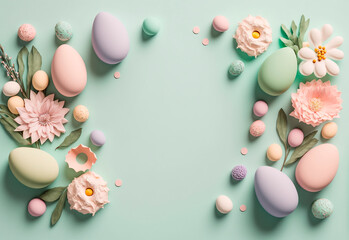 Fototapeta na wymiar Minimalist, modern Easter background with flowers and Easter eggs in pastel colors with lots of free space from above, generative AI