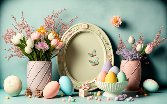 Minimalist, modern Easter background with flowers and Easter eggs in pastel colors with lots of free space from above, generative AI