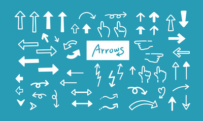 Hand-drawn various arrows and index fingers set, vector illustration.