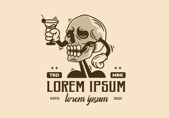character illustration badge of skull head holding a wine glass