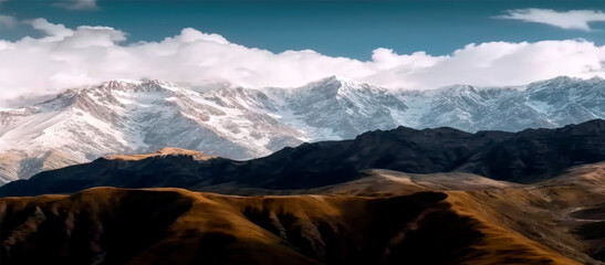 Naklejka na ściany i meble Earth tones texture of mountains with snow and cloudy sky, generative ai nature landscape 