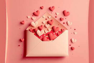 Saint Valentine day greeting card with love message. Envelope and paper red hearts on pink background