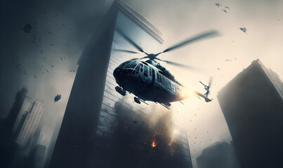 Helicopter crashing into Skyscraper, the end of the earth apocalyptic scene, Illustration generativ ai 