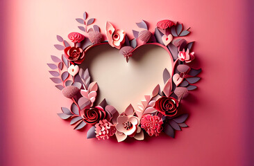 Saint Valentine day background, paper red hearts and flowers on flat pink background, heart shape