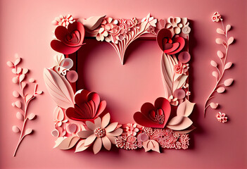 Saint Valentine day background, paper red hearts and flowers on flat pink background, heart shape