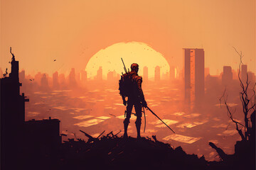Last Survivor at a Apocalyptic City, Sunset Background Landscape, Illustration generativ ai 