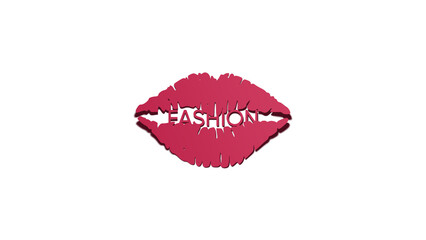 Word Fashion with magenta lips icon on cutout paper on white background Horizontal banner Beauty Make up concept