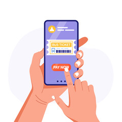 Person buying bus ticket with smartphone app. Passenger trip online. Mobile booking service for tourism and vacation. Character booking public transport tickets digital. Intercity transportation