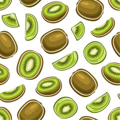 Vector Kiwi Seamless Pattern, square repeating background with cut out illustrations of ripe chopped kiwi with grains for wrapping paper, group of flat lay juicy peeled kiwi fruits for home interior