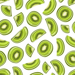 Fototapeta premium Vector Kiwi Seamless Pattern, square repeat background with cut out illustration of ripe chopped kiwi fruit with seeds for wrapping paper, group of flat lay sliced kiwi fruits for home interior deco