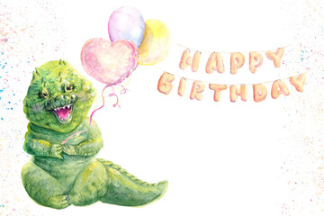 Stylish happy birthday card with funny cute crocodile, holding balloons on confetti background. Ilustration for greeting card with cute animals, print for Happy Birthday congratulation card design.