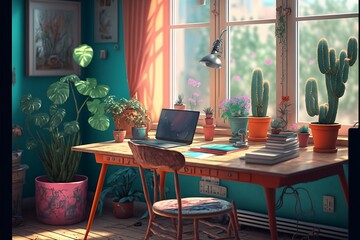 Hyper Realistic Colorful Interior Pink Orange Teal Crystals Plant Pots Workspace Table Chair Multiple Screens Big Windows Trees Village Daytime Photography