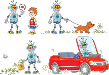 Cartoon set of a funny robot playing a ball with a little boy, walking with a merry dog, watering garden plants and driving a small red car, vector illustrations isolated on a white background