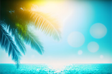 Obraz na płótnie Canvas Tropical Palm Tree Background, Defocused turquoise blue ocean banner, Illustration generativ ai 