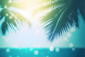 Fototapeta na wymiar Tropical Palm Tree Background, Defocused turquoise blue ocean banner, Illustration generativ ai 