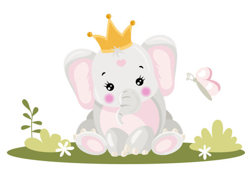 Pink baby elephant with crown in the garden