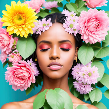 Close up portrait of a beautiful african american with flowers around her face. Generative Ai