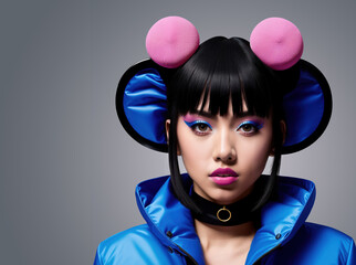 Fashion portrait of a woman in futuristic virtual fashion outfit with head dress like mouse ears. Bright creative makeup, vivid colors. Cyberpunk, future fashion. Japanese touch. Generative Ai