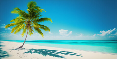 Fototapeta na wymiar Idyllic Tropical Beach with palm tree, travel summer paradise banner background, illustration generativ ai 