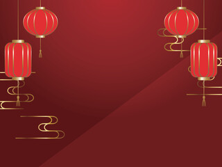 高級感のある中華風の提灯と雲の背景　横位置　レッド＆ゴールド