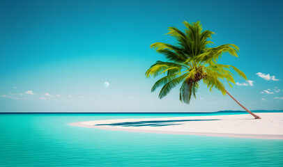 Obraz na płótnie Canvas Idyllic Tropical Beach with palm tree, travel summer paradise banner background, illustration generativ ai 