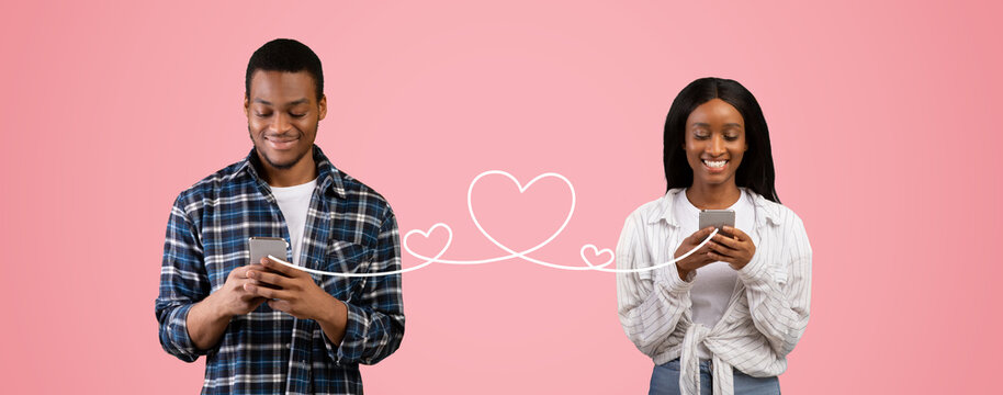 Creative Collage With Romantic African American Couple Sending Love Messages Online